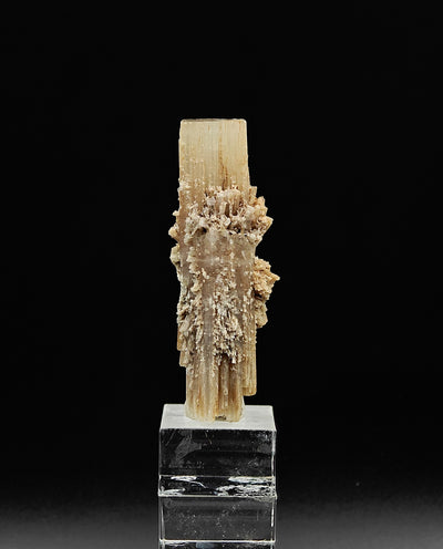 Full view of double-terminated aragonite specimen on acrylic stand, Minglanilla, Spain