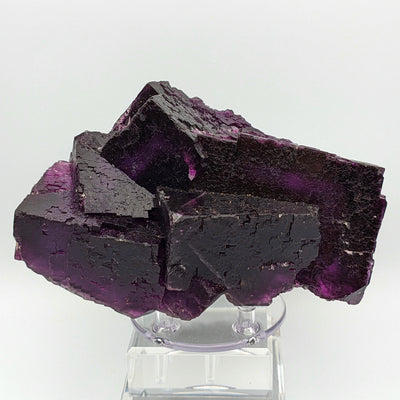 Fluorite specimen on white background showing stepped cubic crystal faces