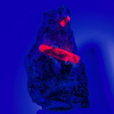Ruby crystals on matrix glowing red under UV light, Morogoro, Tanzania