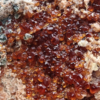 Close-up of deep red hessonite garnet crystal druse from Bellecombe, Italy