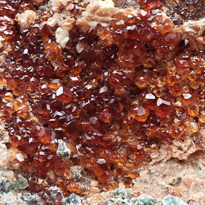 Close-up of red hessonite garnet crystal druse from Bellecombe, Aosta Valley