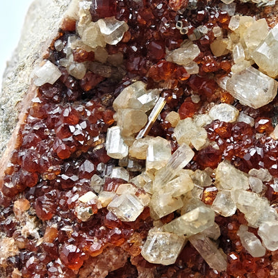 Detail view of hessonite garnet crystals with diopside crystal group, Bellecombe
