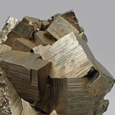 Upper view of cubic pyrite crystals showing brassy metallic luster, Tuscany