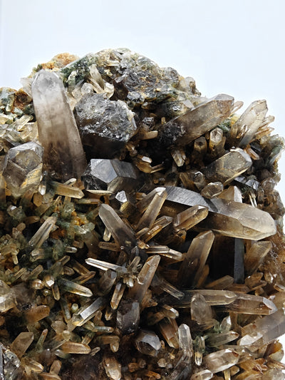 Smoky quartz crystals radiating from matrix with chlorite specks, Russia