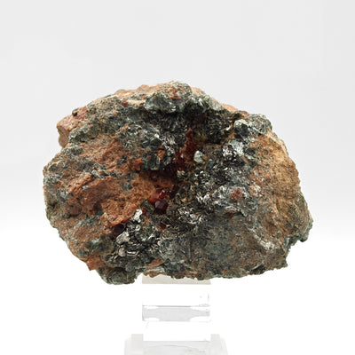 Full view of Hessonite and Clinochlore specimen on display stand, Sassello, Italy