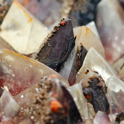 Detail of a black calcite scalenohedron showing banded zoning and orange crystals, Santa Eulalia, Mexico