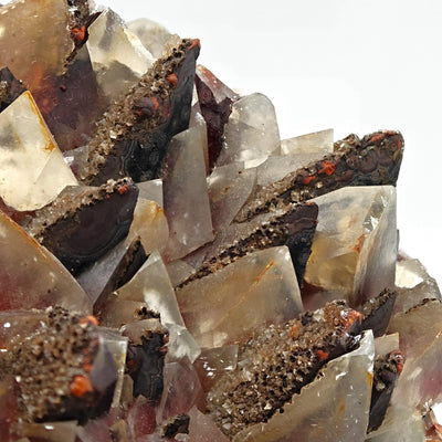 Close-up of a row of red and black calcite scalenohedra with druzy edges, Santa Eulalia, Mexico