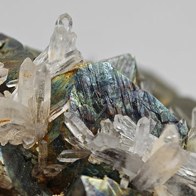 Detail of blue and purple tarnish colors on arsenopyrite crystal face