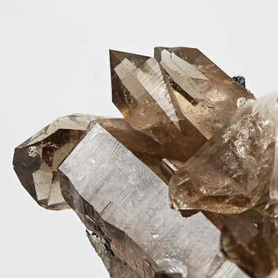 Close-up of smoky quartz crystal points showing transparency and luster, Cavradi Gorge