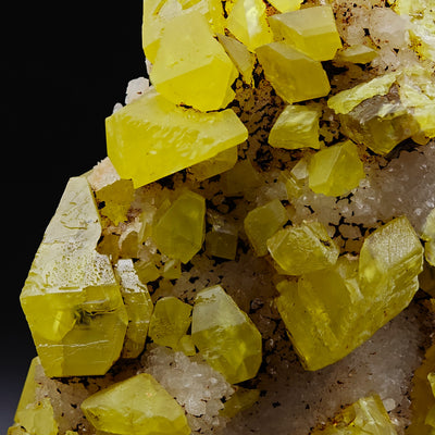 Truncated bipyramidal Sulfur crystals on matrix, Cozzo Disi Mine, Sicily, Italy