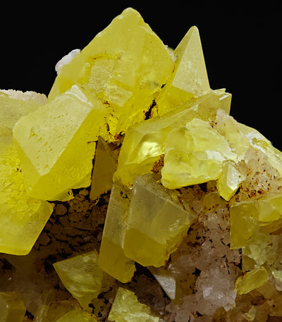 Detail of sharp-faced Sulfur crystals showing triple habit, Cozzo Disi Mine, Sicily