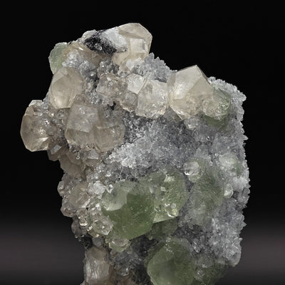 Side angle of Fluorite, Calcite, and Quartz association on matrix base