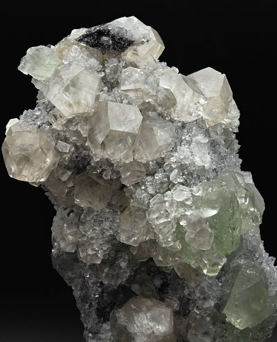 Upper section detail showing Calcite crystals with green Fluorite and Quartz druse