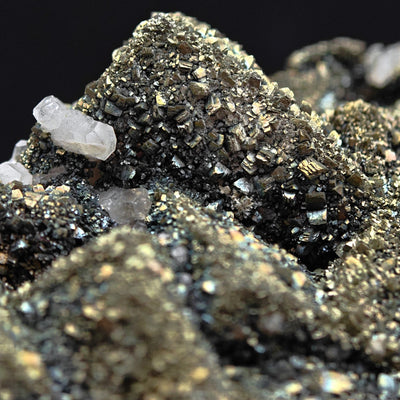 Detail of golden Marcasite crystals with sparkling Calcite, Silius mine
