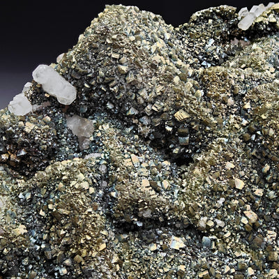 Close-up of radiating Marcasite crests beside clear Fluorite crystals