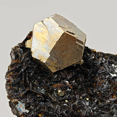 Close-up of striated pyrite crystal on hematite, Rio Mine, Elba