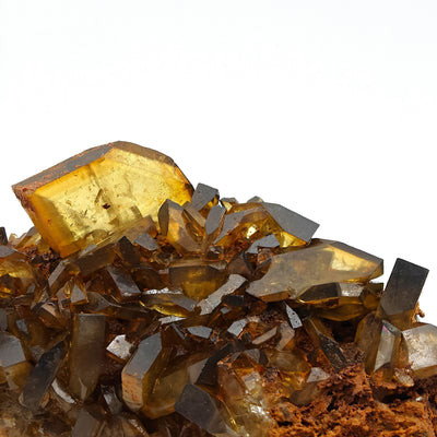 Side view of baryte cluster with golden tabular crystals, Villamassargia, Sardinia