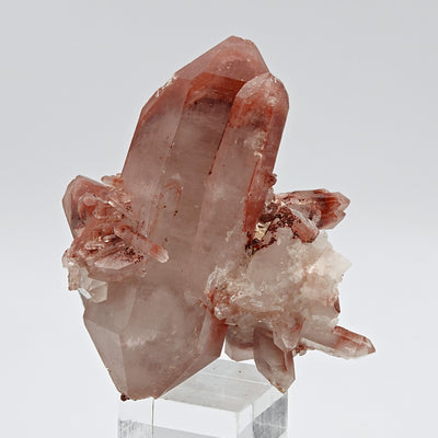 Top view of hematoid quartz specimen displaying bicolor white and red crystal faces, Orange River, South Africa