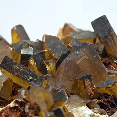 Close-up of amber baryte crystal faces and lustrous terminations, Sardinia