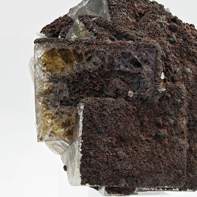 Close-up of translucent yellow fluorite crystal beneath iron oxide coating