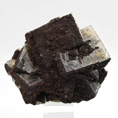 Fluorite specimen on stand showing crossed cubic crystals, Greenlaws Mine, Weardale