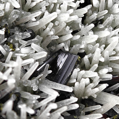 Macro view of single epidote crystal surrounded by quartz needles, Iran