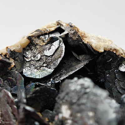Detail of botryoidal hematite crystals with rainbow iridescence on talc, Orani, Sardinia