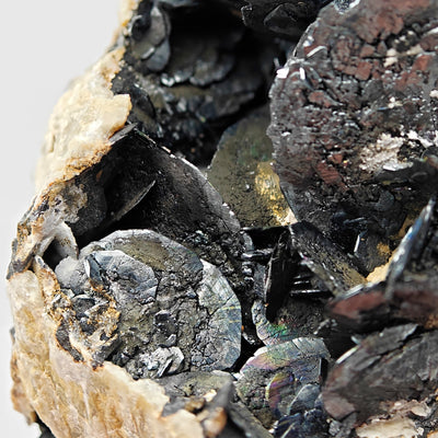 Close-up of iridescent hematite crystals with magnetite on talc, San Francesco Mine, Sardinia