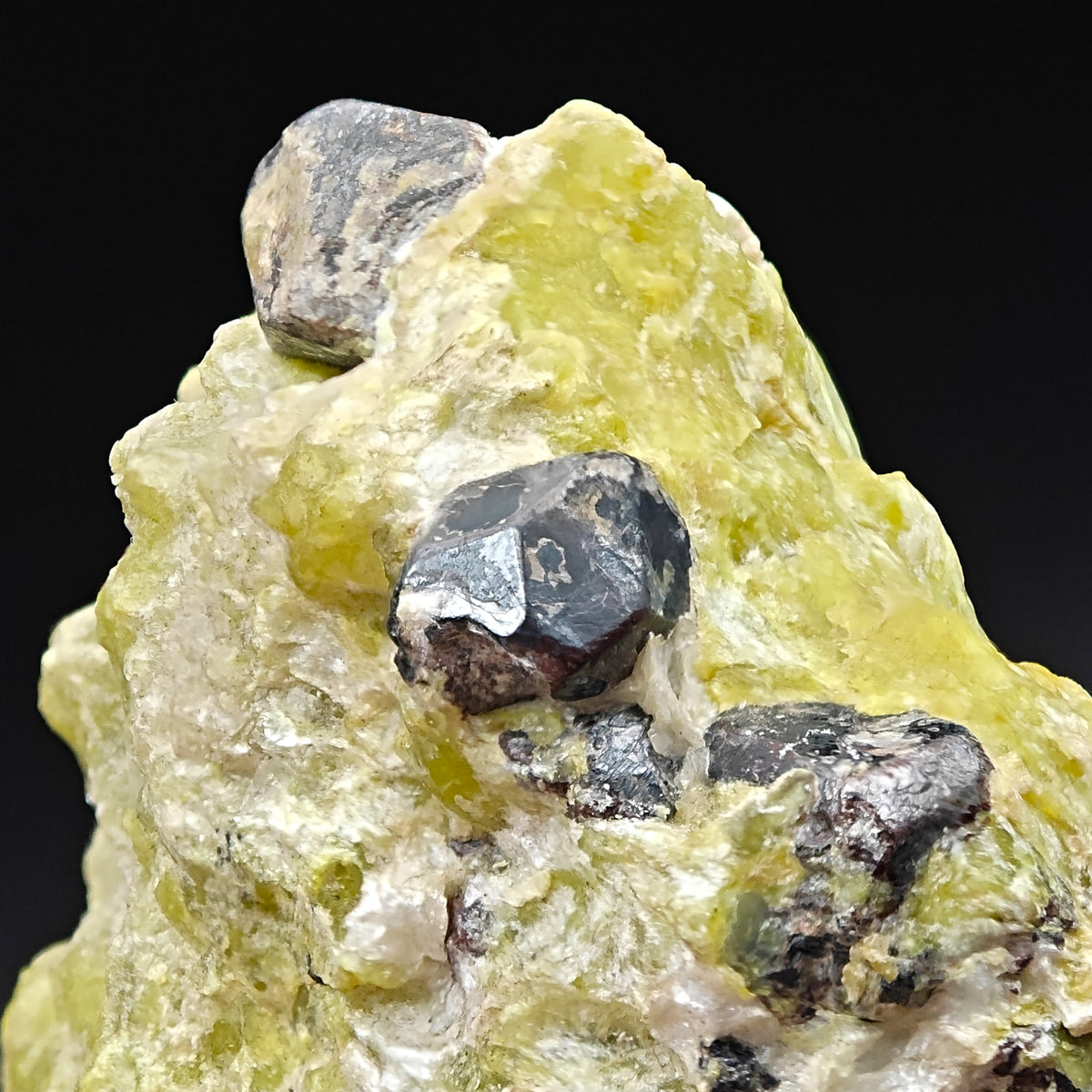 Cluster of black Martite crystals embedded in yellow Lizardite serpentine matrix