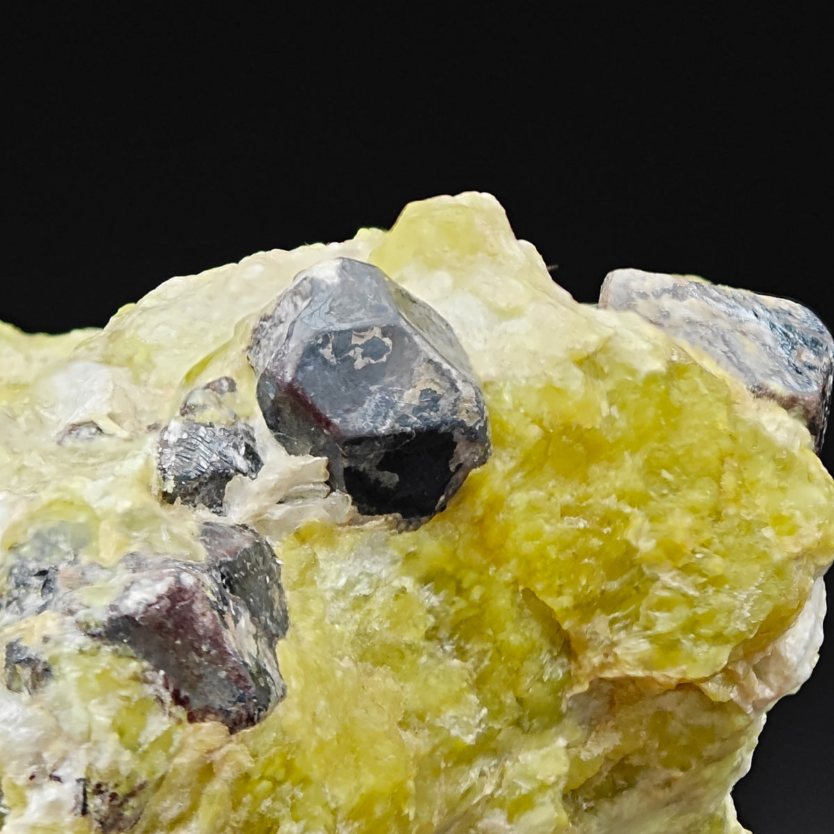Close-up of multiple Martite crystals on yellow Lizardite from Ovre Dypingdal Mine