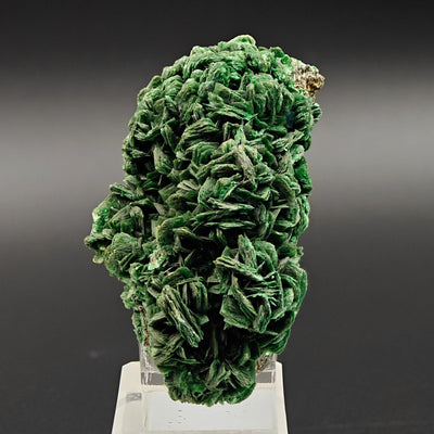 Full torbernite crystal cluster on stand, Shinkolobwe Mine, DR Congo