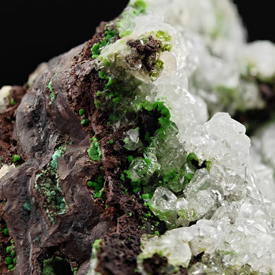 Angled close-up of Conichalcite crust meeting Calcite crystals, Ojuela Mine, Durango