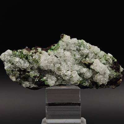 Overview of Calcite and Conichalcite specimen on display stand, Ojuela Mine, Mexico