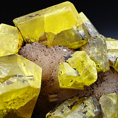 Sulfur crystals on dolomite matrix showing crystal clarity, Cozzo Disi Mine, Sicily