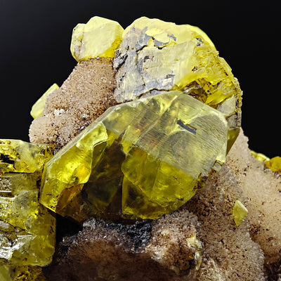 Detail of large sulfur crystal with glassy luster, Cozzo Disi Mine, Sicily, Italy