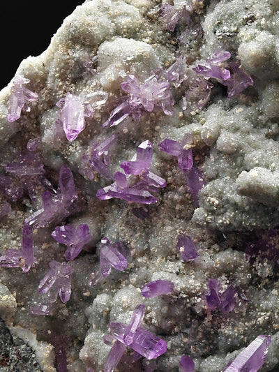Close-up of amethyst scepters with visible crystal terminations, Sardinia, Italy