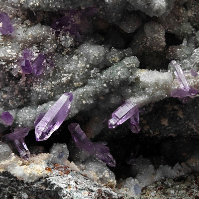 Close-up of amethyst scepter crystals emerging from chalcedony matrix, Sardinia