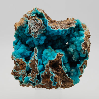 Hemimorphite specimen displaying matrix veins and blue botryoidal crystal growth, Sa Duchessa Mine, Sardinia