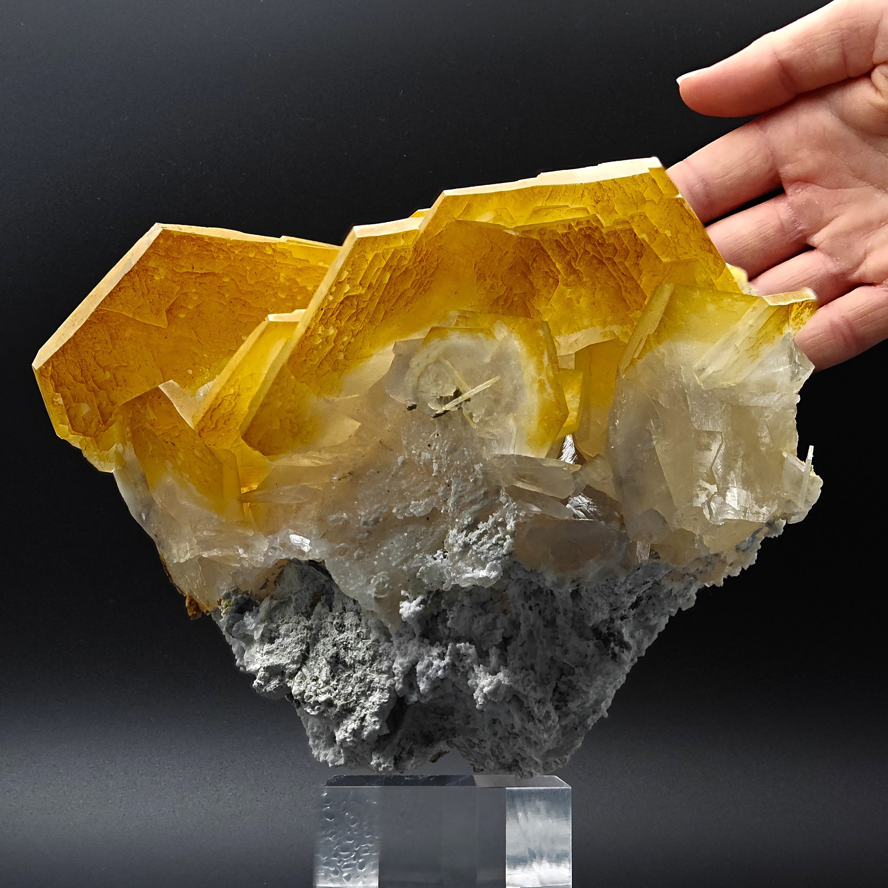 CALCITE – Yellow, Orange & White Hexagonal Crystal Cluster, Chenzhou, China