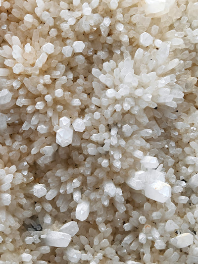 Close-up of radiating quartz crystal sprays with hexagonal terminations