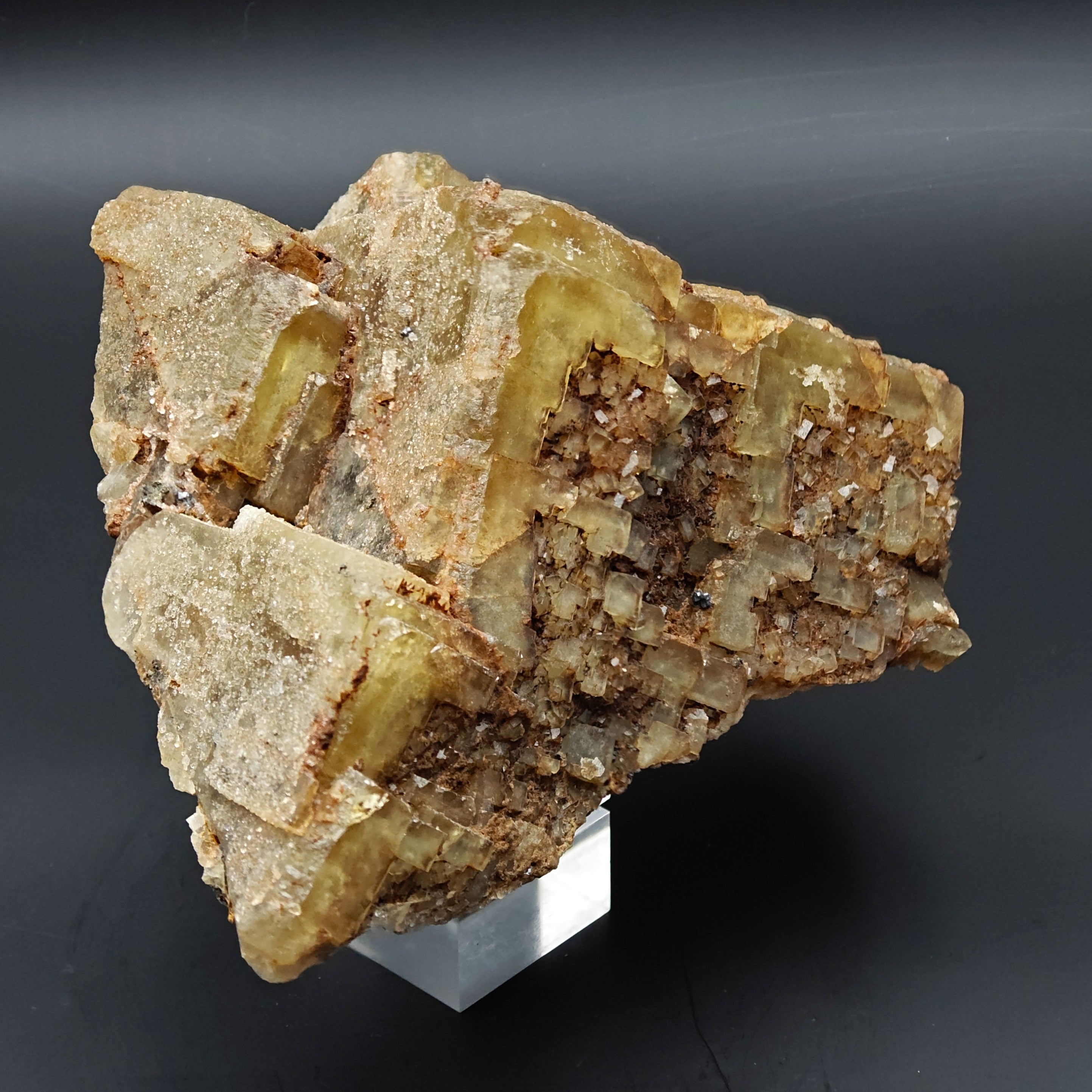 FLUORITE –  Yellow Giant Recrystallized Cubic Crystal with Stepped Growth