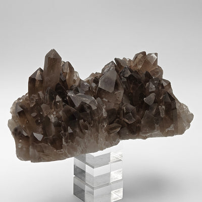Full view of smoky quartz crystal cluster displayed on acrylic stand