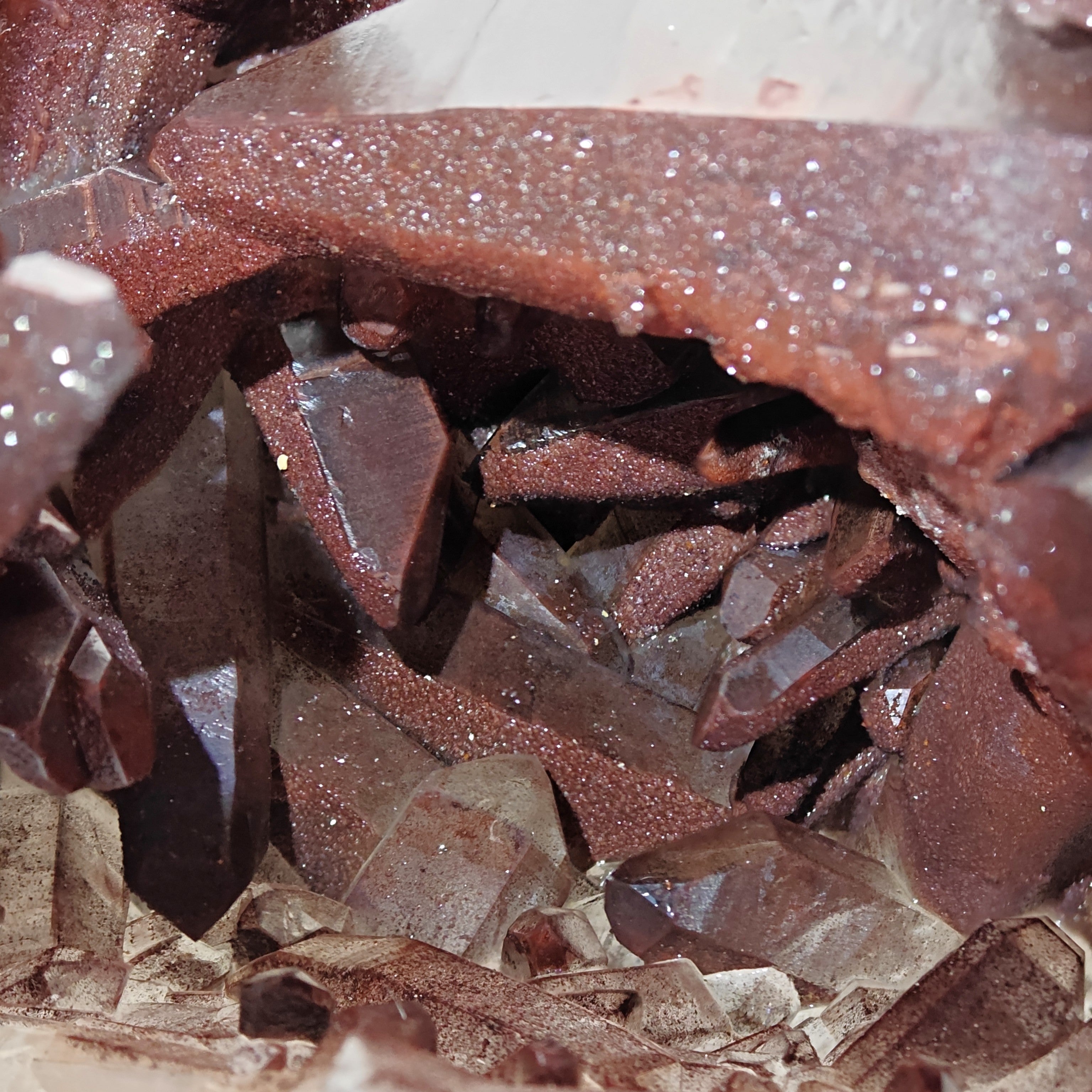 HEMATOID QUARTZ – Lustrous Bordeaux Crystal Cluster and Geode, Tinejdad, Morocco