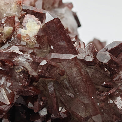 Close-up of hematoid quartz crystals with pale inclusions on matrix