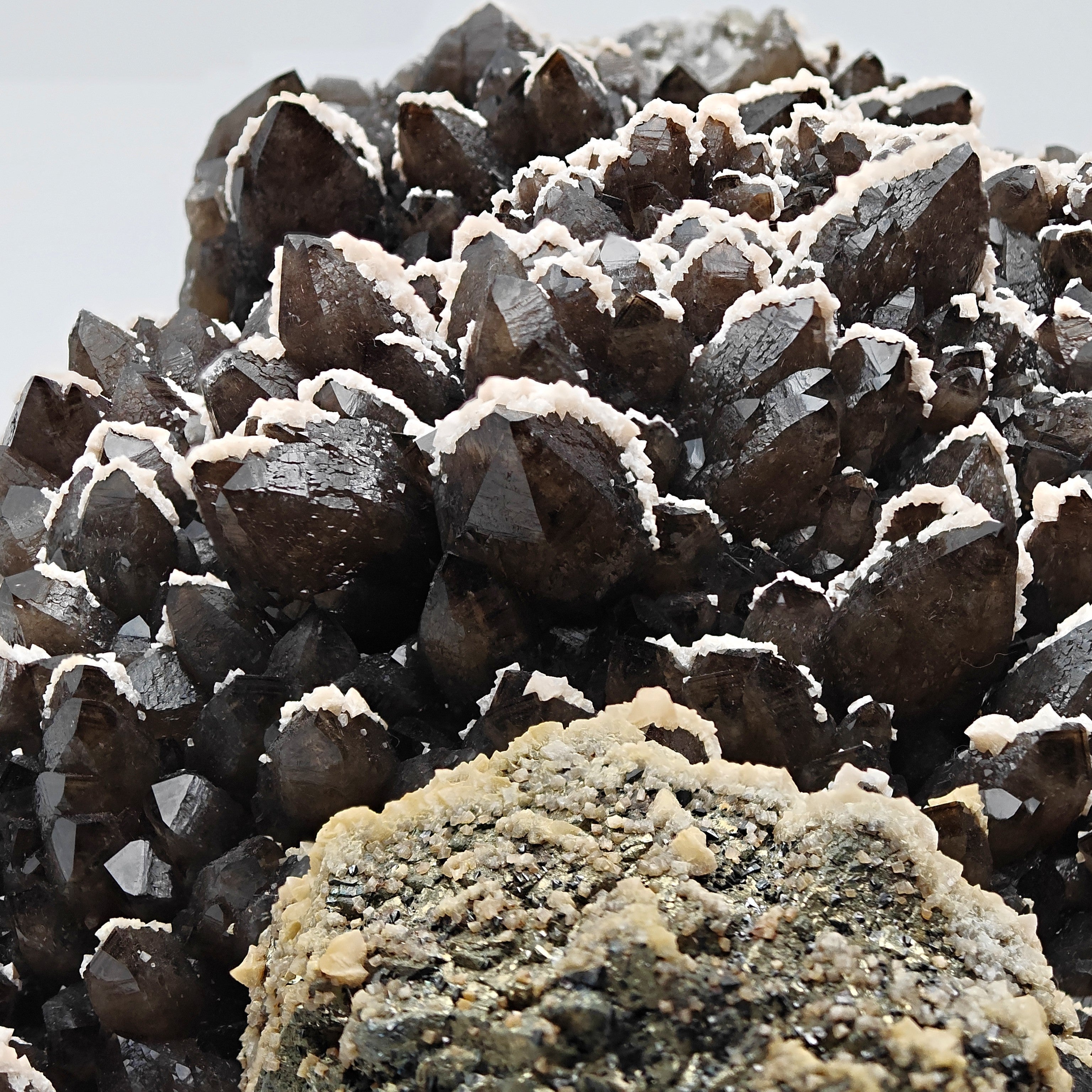 BLACK QUARTZ – Very Dark Smoky Quartz with golden PYRITE and DOLOMITE, Romania