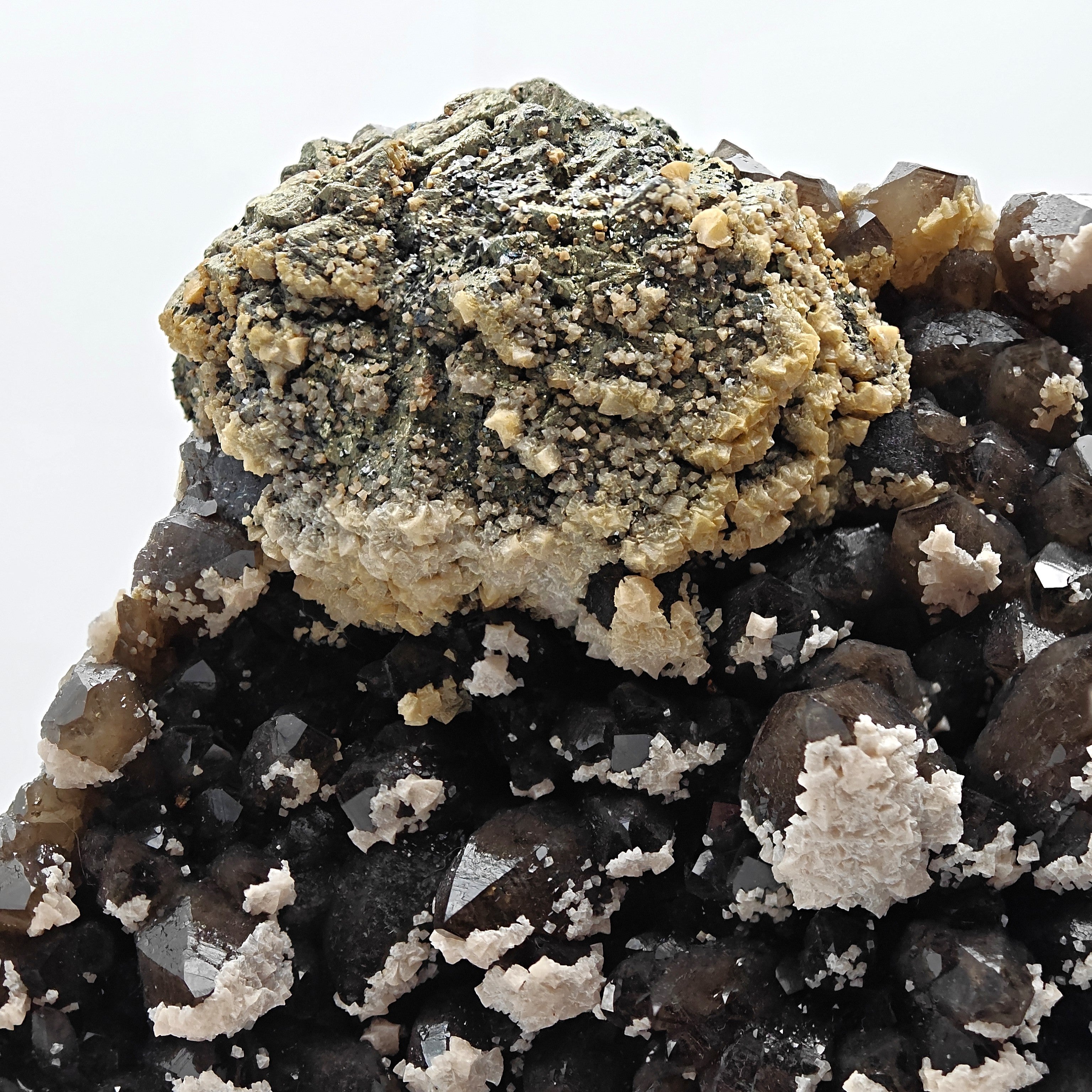 BLACK QUARTZ – Very Dark Smoky Quartz with golden PYRITE and DOLOMITE, Romania