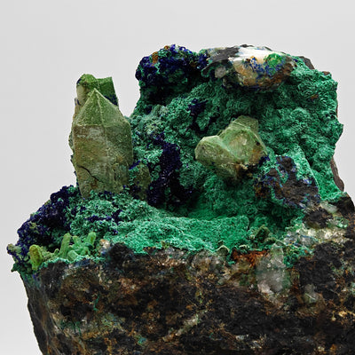 Quartz crystals with azurite crust and malachite coating, overview angle