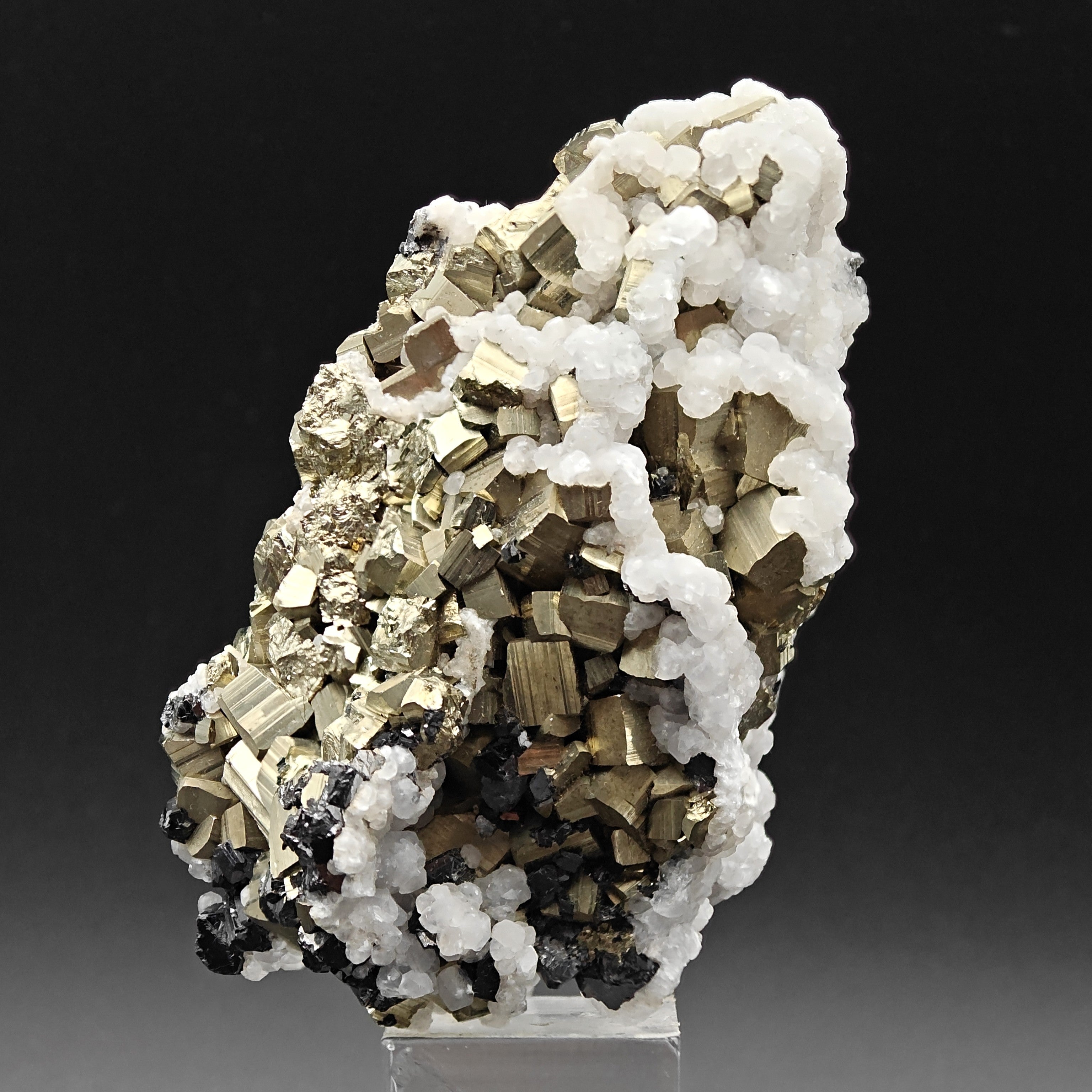 PYRITE, CALCITE & SPHALERITE – Lustrous Golden Crystals, Huanzala Mine, Peru