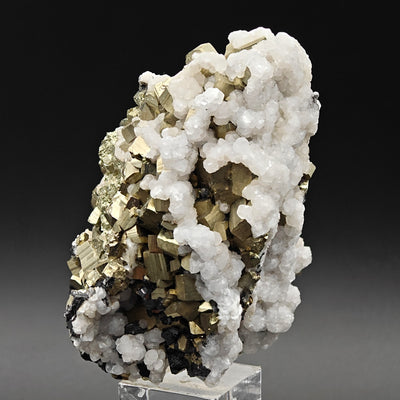 Side view of golden pyrite crystals with calcite and sphalerite, Huanzala Mine, Peru