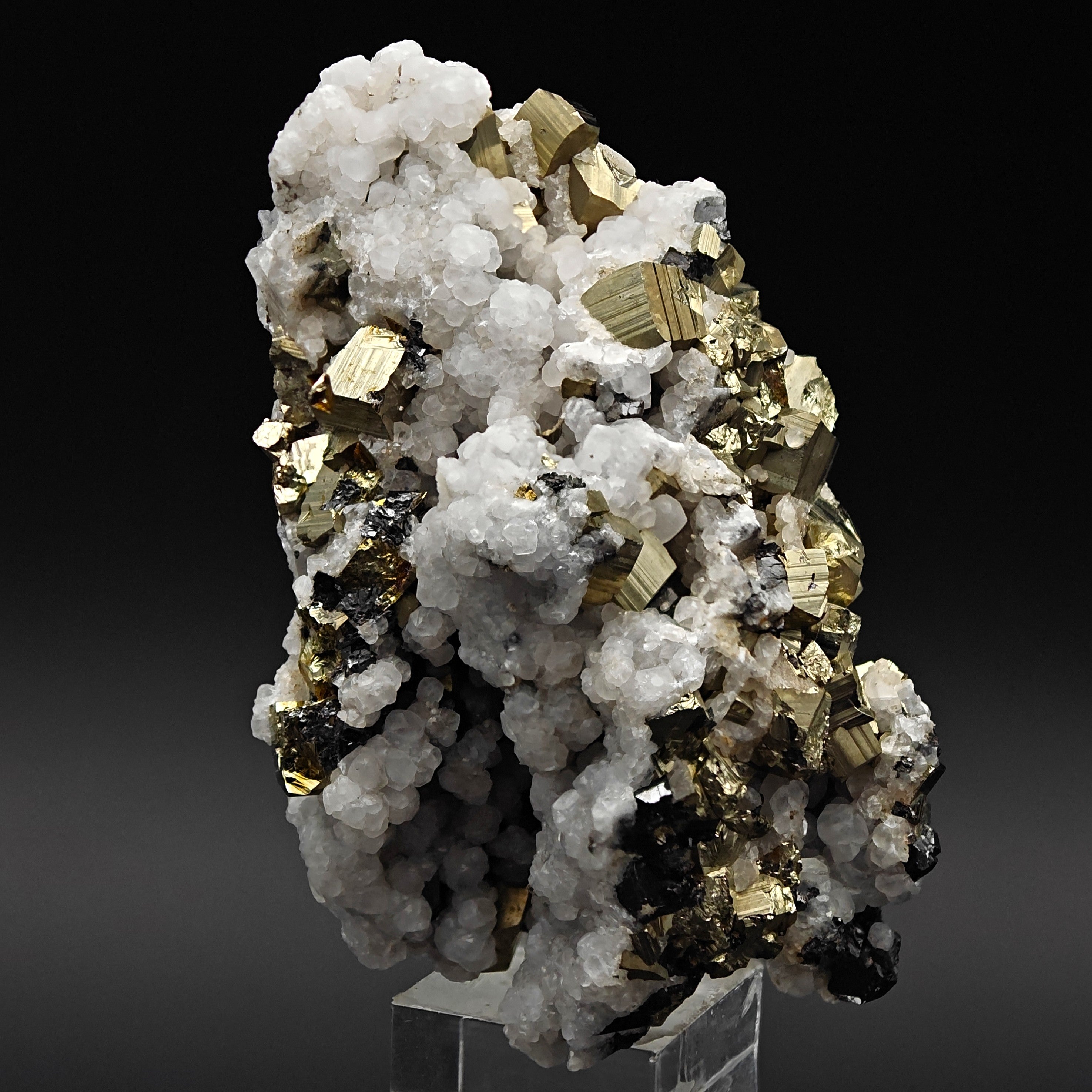 PYRITE, CALCITE & SPHALERITE – Lustrous Golden Crystals, Huanzala Mine, Peru